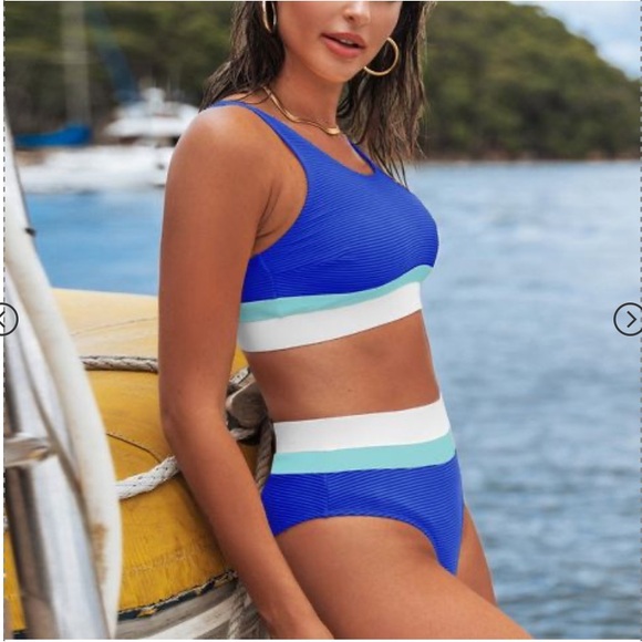 NWT Blue Colorblock High Waist Bikini set - Picture 3 of 4